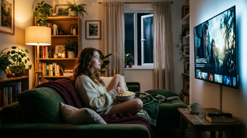 Vrouw zit op bank popcorn eten terwijl ze naar televisie kijkt
