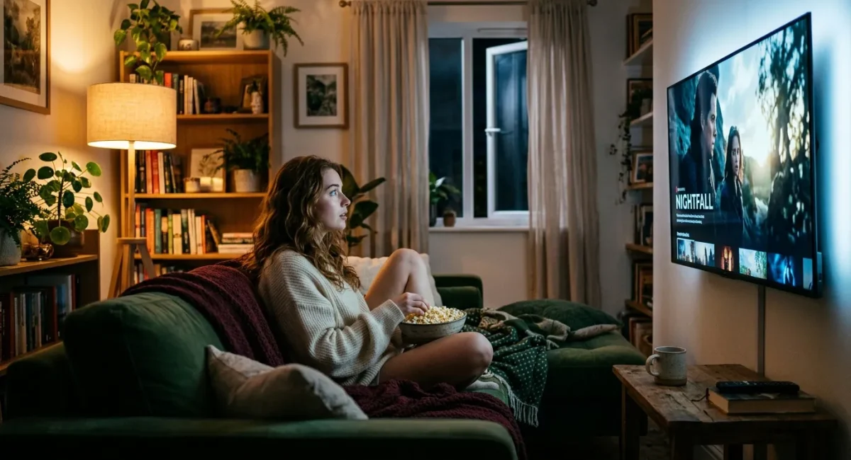 Vrouw zit op bank popcorn eten terwijl ze naar televisie kijkt