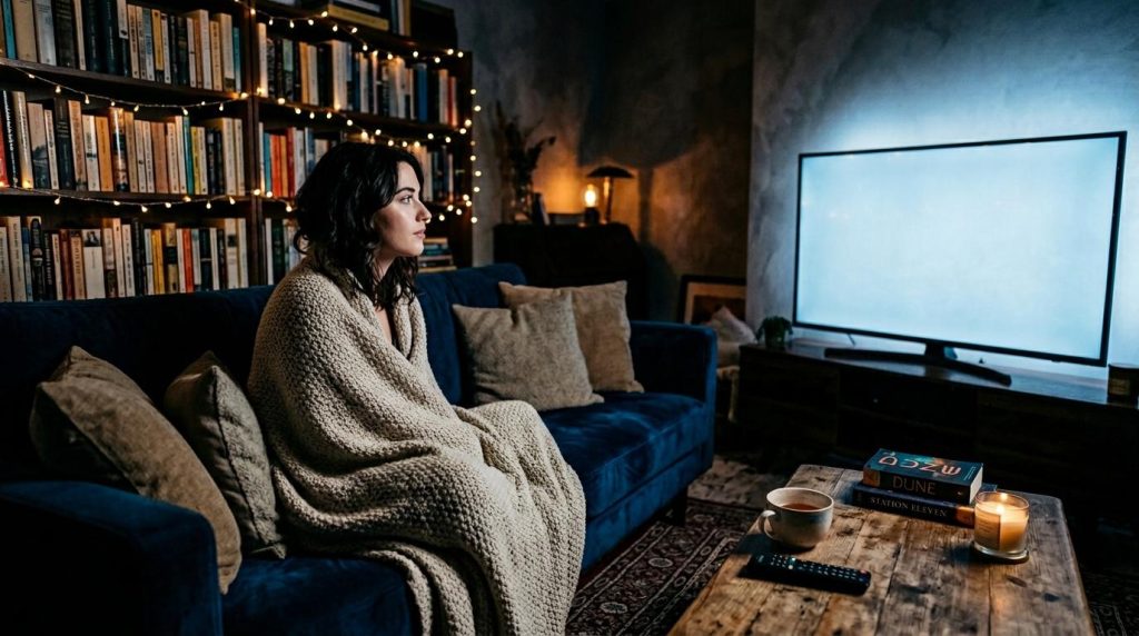 Vrouw zit op bank onder deken, kijkt televisie.