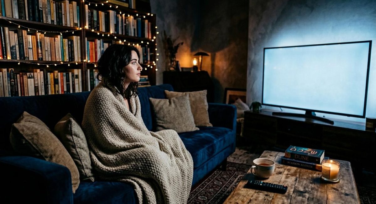 Vrouw zit op bank onder deken, kijkt televisie.