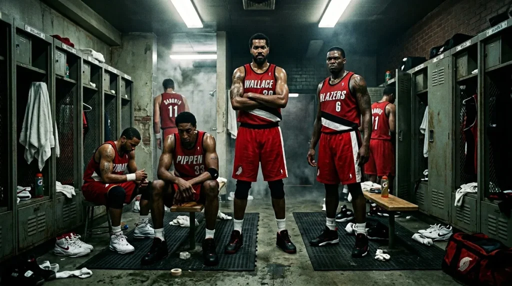 Basketballers in rood team uniform in kleedkamer