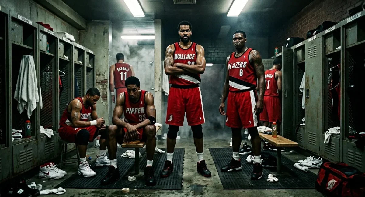 Basketballers in rood team uniform in kleedkamer