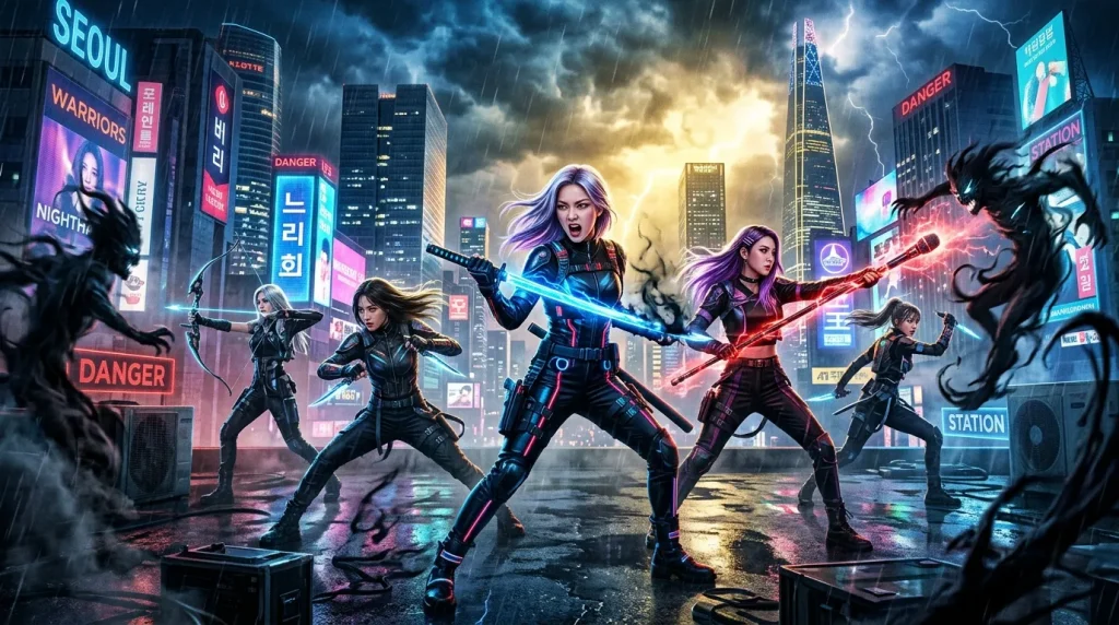 Vijf krijgers met neonwapens in futuristische Seoul stad