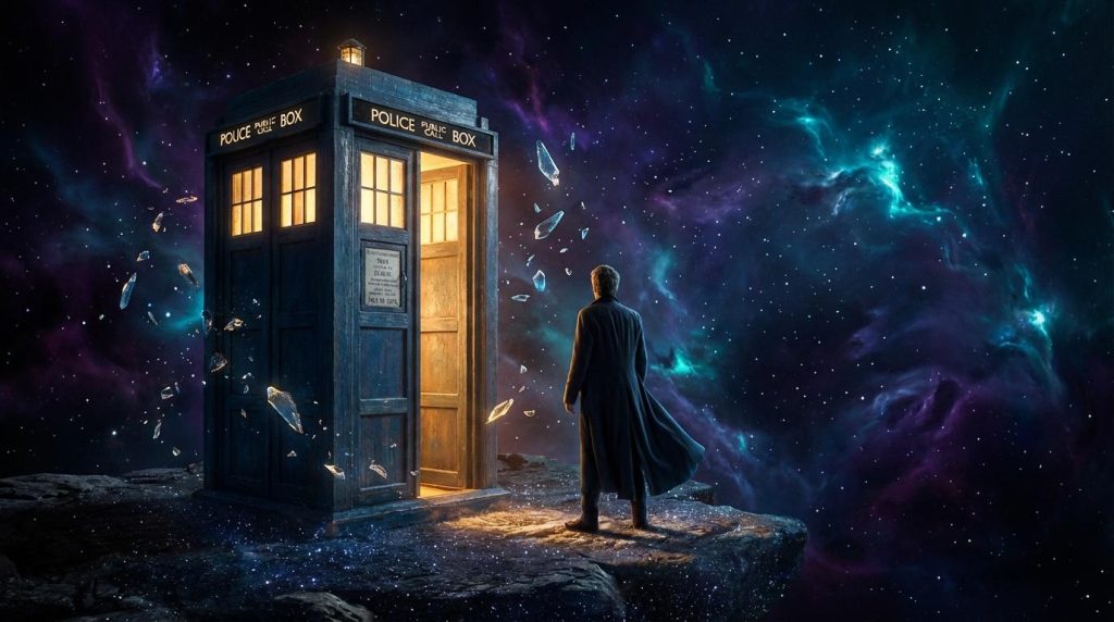 Figuur staat voor verlichte TARDIS in kosmische ruimte