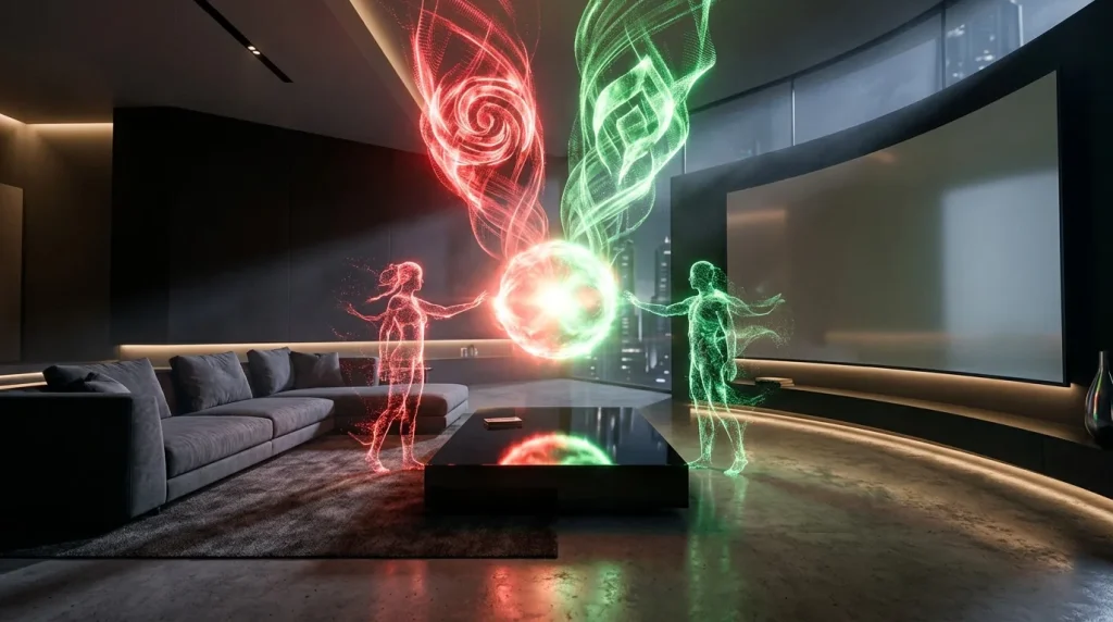 Twee neonlichamen verbonden door energiebol in modern interieur