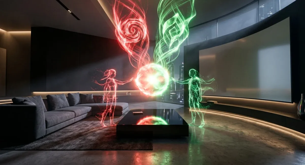 Twee neonlichamen verbonden door energiebol in modern interieur