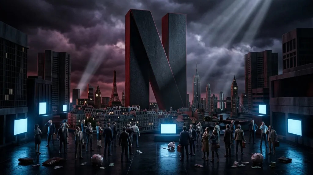 Zakenmannen verzameld rond gloeiende schermen in dystopische metropolis