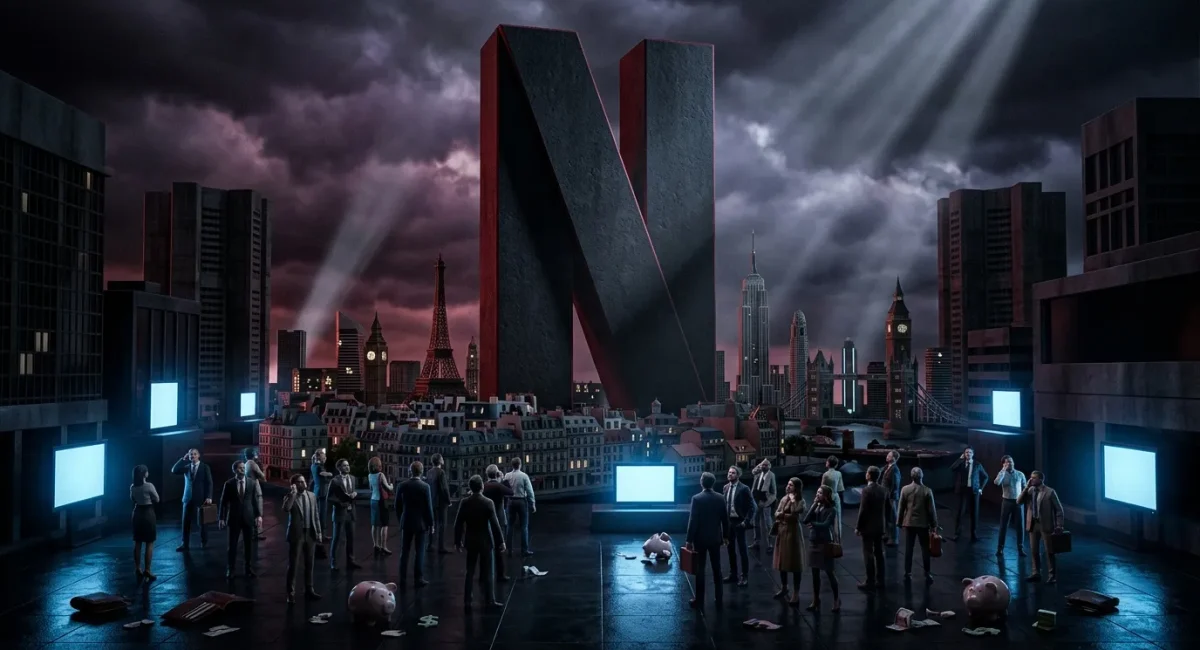 Zakenmannen verzameld rond gloeiende schermen in dystopische metropolis