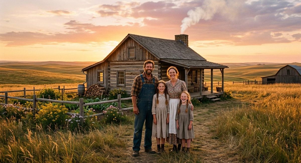 Familie poseren voor houten boerderij op uitgestrekte prairie