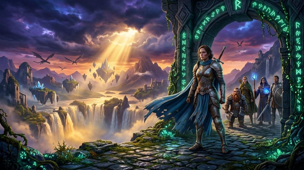 Krijgerin en groep adventurers bij magische poort in fantasielandschap