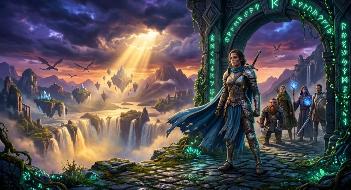 Krijgerin en groep adventurers bij magische poort in fantasielandschap