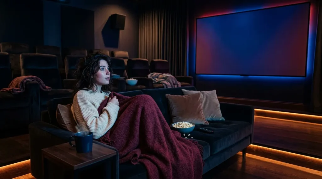Vrouw kijkt film in moderne thuisbioscoop met popcorn