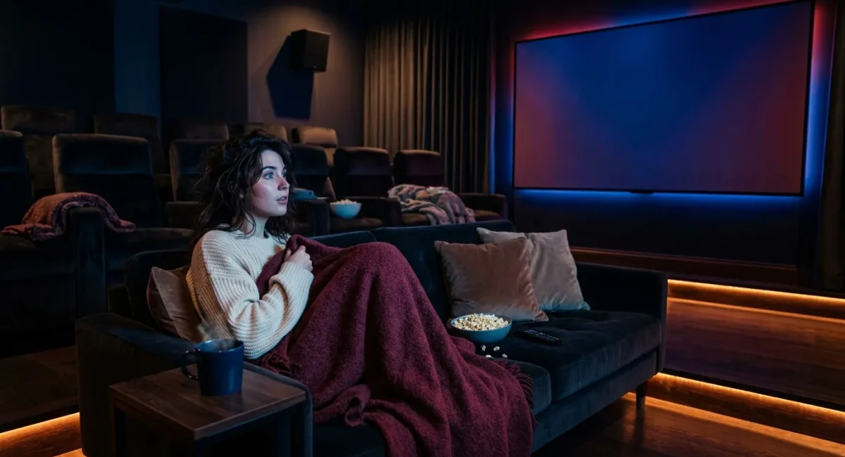 Vrouw kijkt film in moderne thuisbioscoop met popcorn