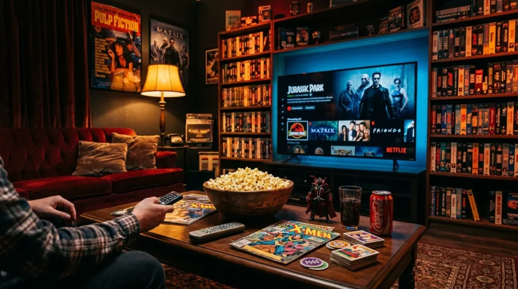Thuisbioscoop met Netflix, popcorn en filmcollectie op planken