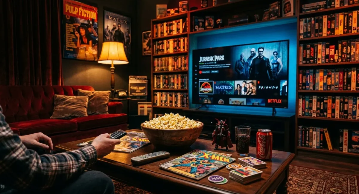 Thuisbioscoop met Netflix, popcorn en filmcollectie op planken