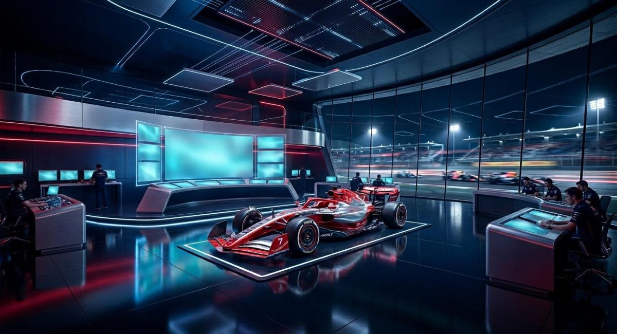 Moderne showroom met rode raceauto en neon verlichting