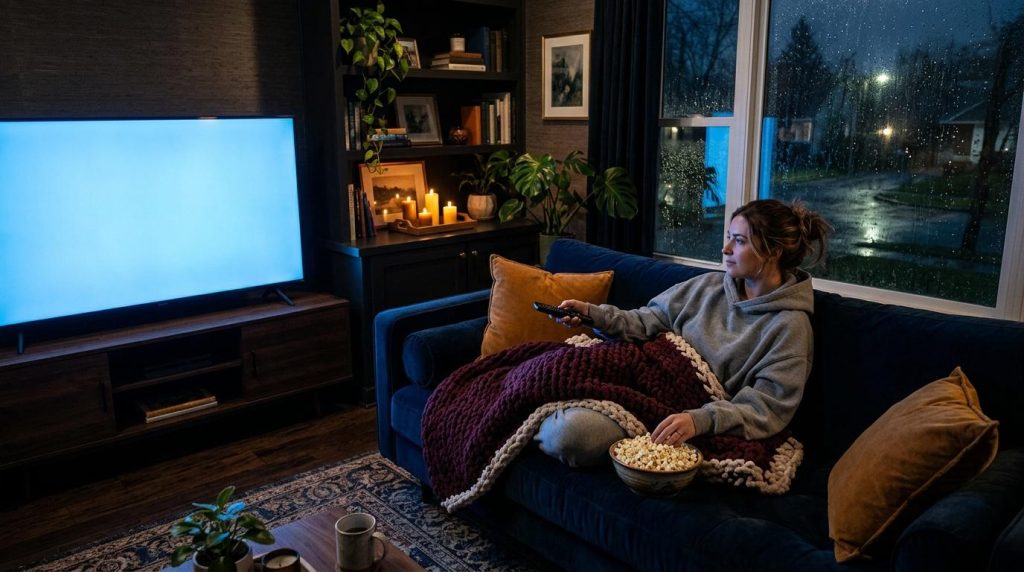 Vrouw kijkt tv op bank met popcorn en deken