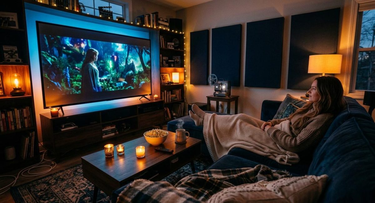 Vrouw kijkt film in comfortabele huisbioscoop met warm licht