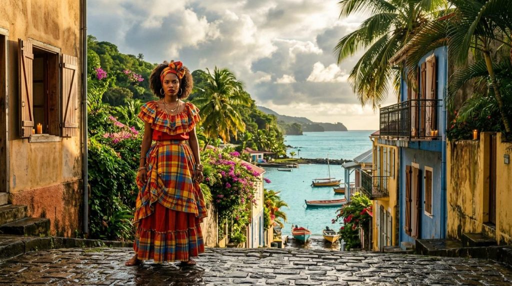 Vrouw in kleurrijke jurk in tropisch kustdorp met boten