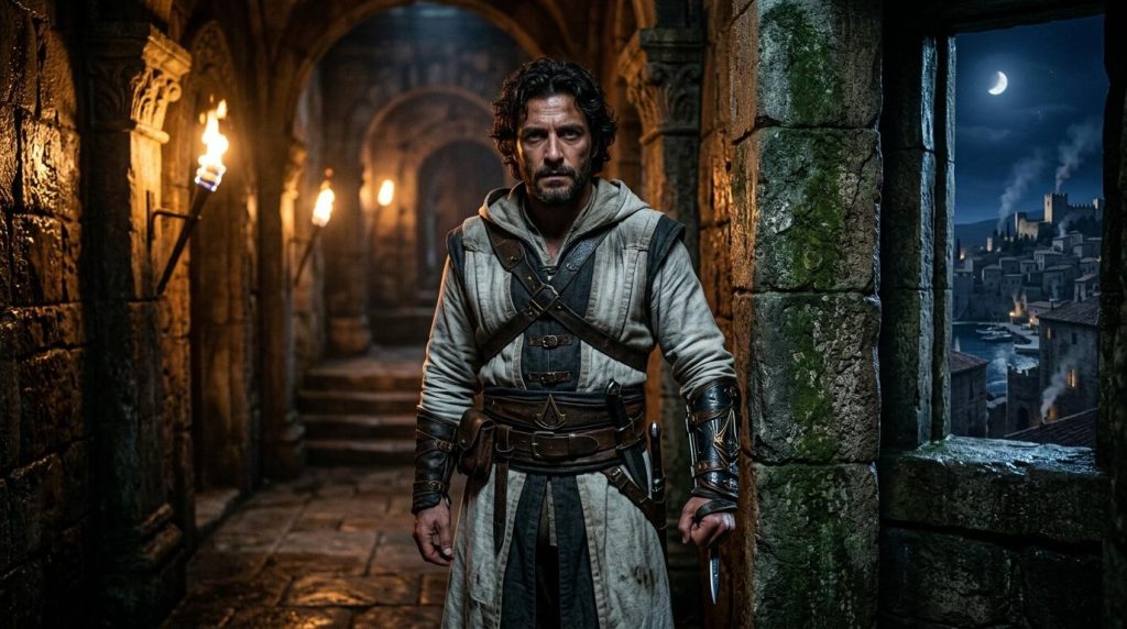 Gemaskerde kruisvaarder met zwaard in donkere stenen gang