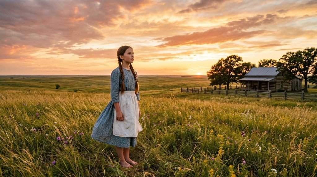 Jong meisje staat in bloemenrijk veld met boerderij op achtergrond