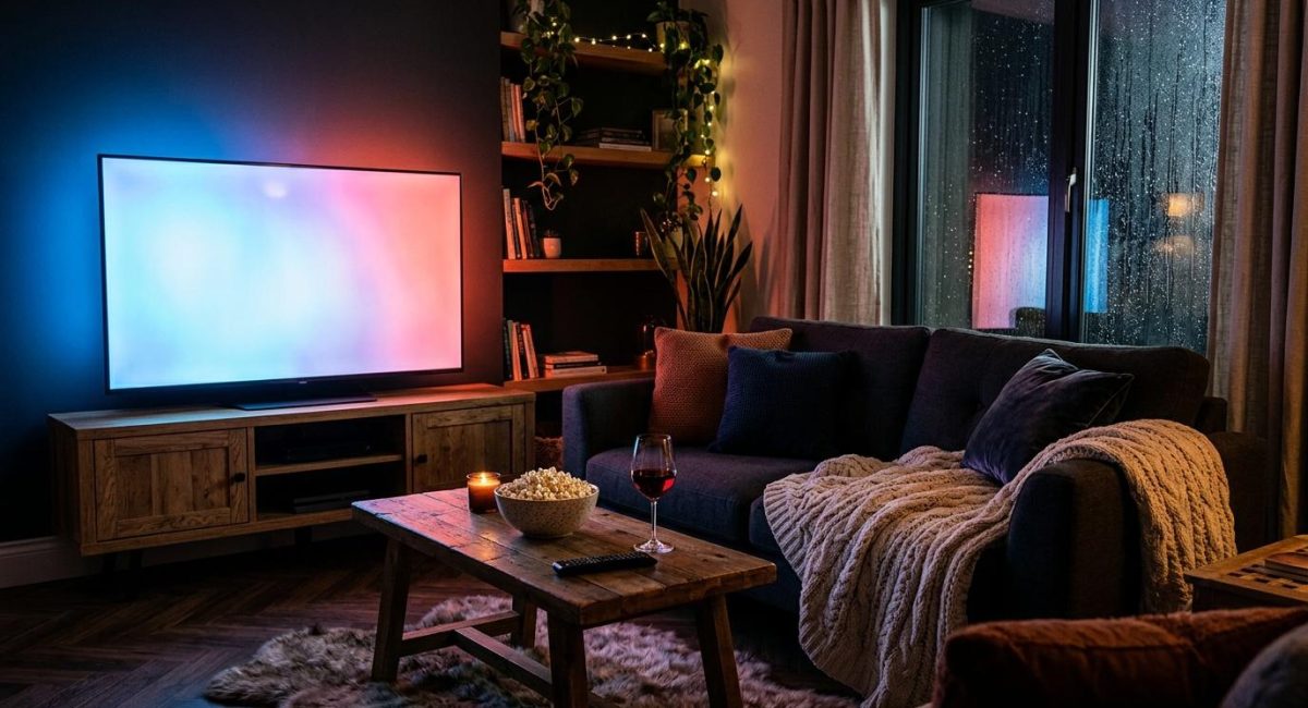 Gezellige woonkamer met TV, sofa en verlicht raam