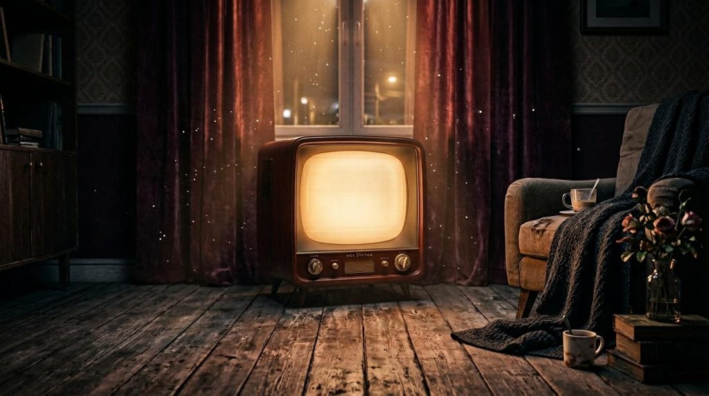 Oude televisie gloeien in donker retro interieur