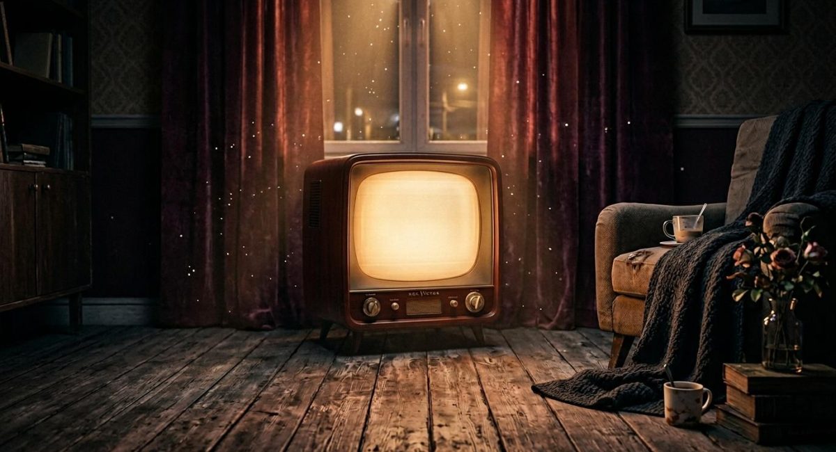 Oude televisie gloeien in donker retro interieur