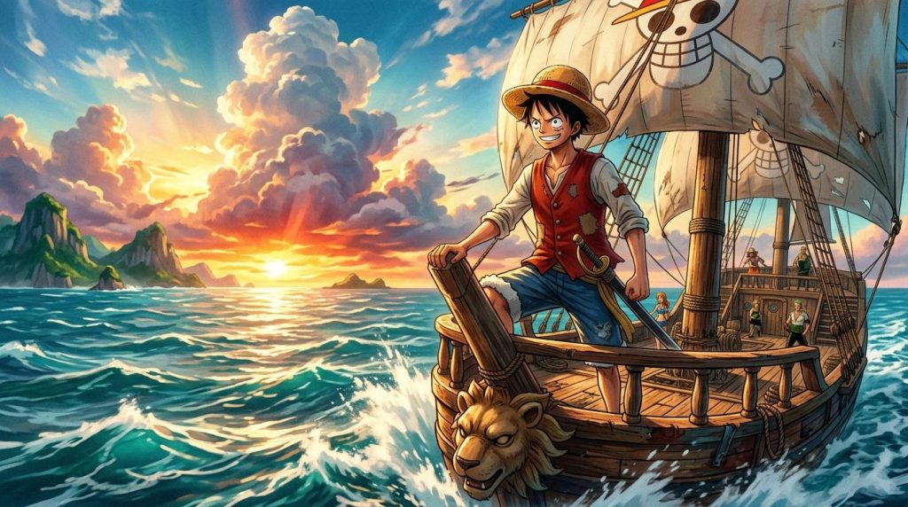 Anime piraat aan roer op schip bij zonsondergang