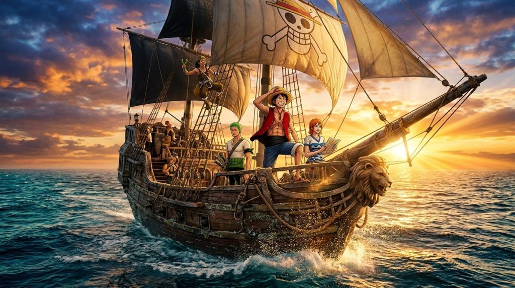 Animatiefiguren op een piratenschip met galjoen en zeilzee