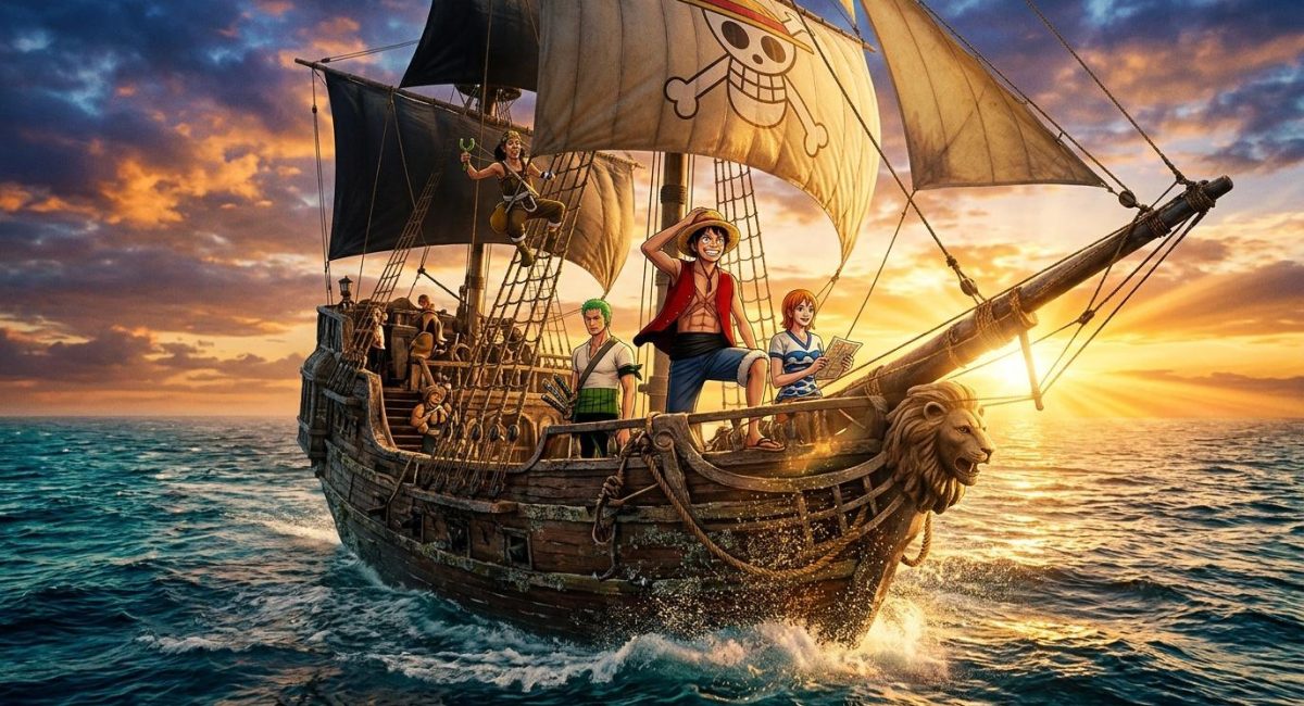 Animatiefiguren op een piratenschip met galjoen en zeilzee