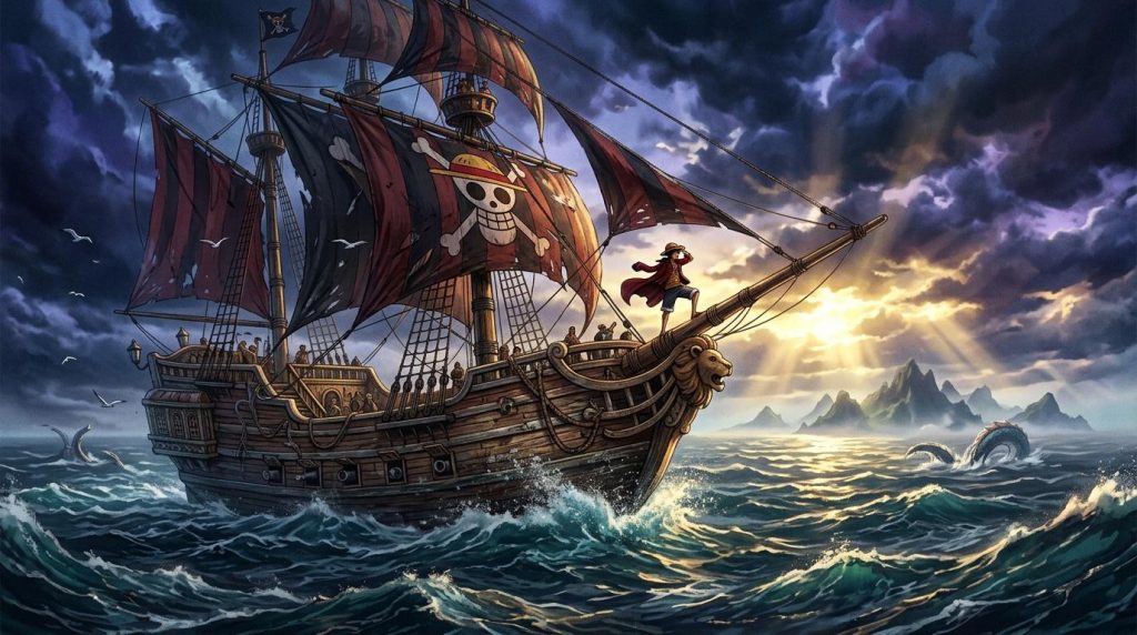 Piratenschip met doodskop vlag in woelige zee onder donkere wolken