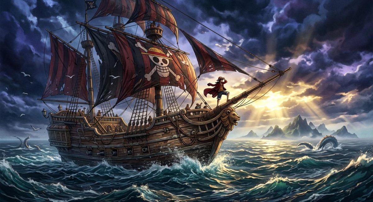 Piratenschip met doodskop vlag in woelige zee onder donkere wolken