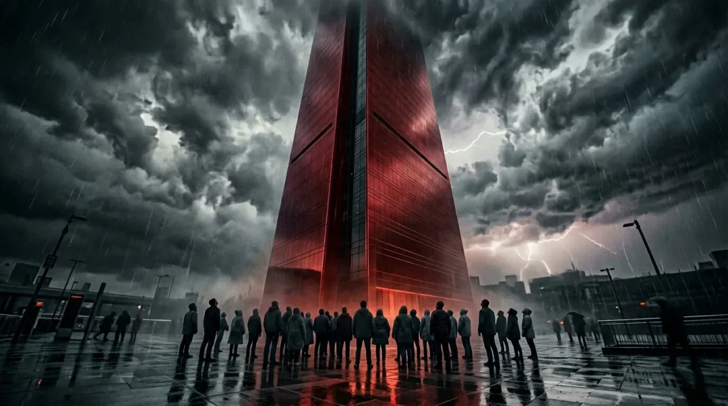 Menigte onder rode toren tijdens onweer met bliksem