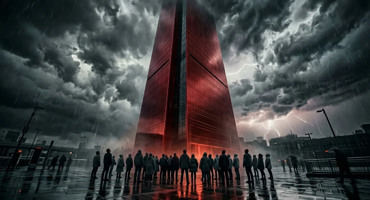 Menigte onder rode toren tijdens onweer met bliksem