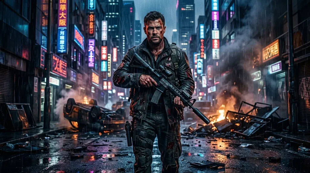 Gewapende man in regen verlichte neonstraat met vuur