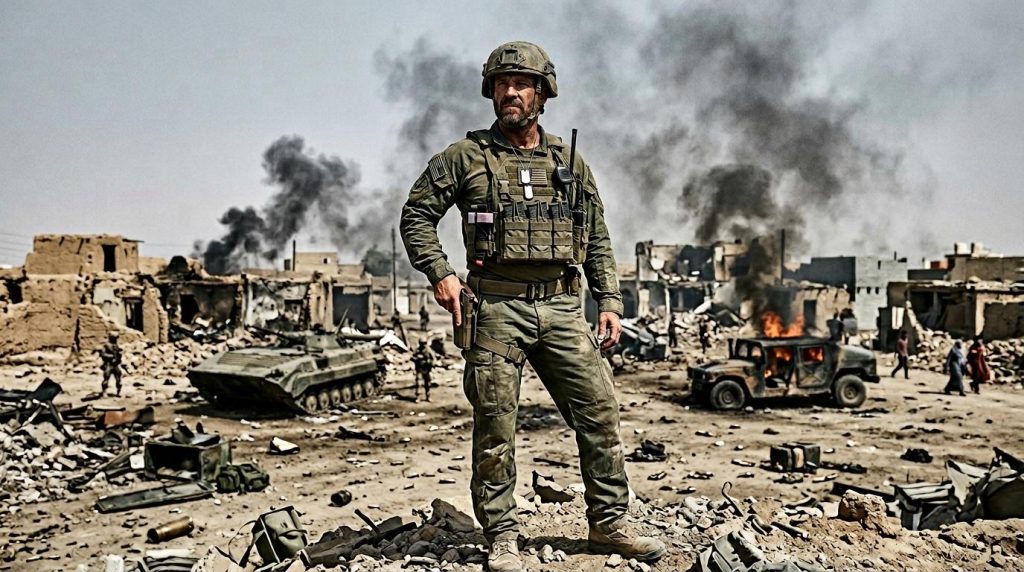 Militair staat in ruïnes met rook op achtergrond