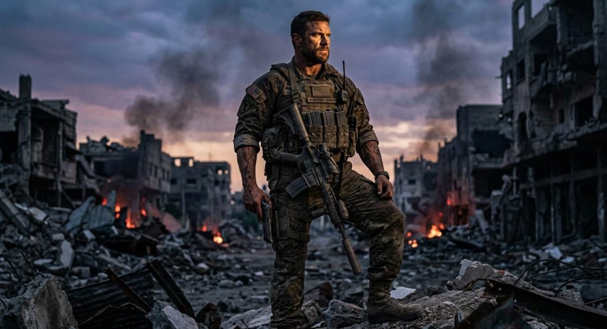 Gewapende militair staat in ruïnes van verwoeste stad