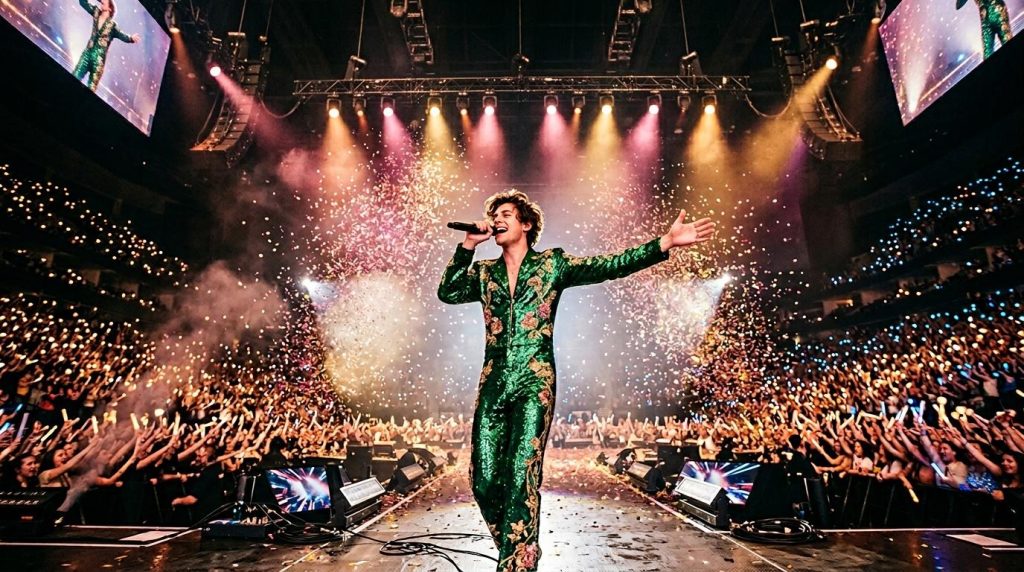 Performer in groen glitteroutfit zingt voor massaal publiek met vuurwerk