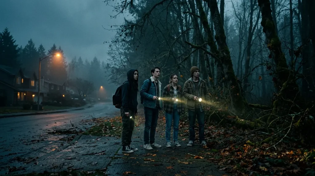 Vier jongeren met zaklantaarns in donker, mistig bos