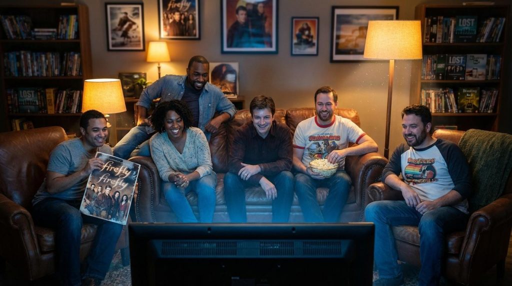 Groep vrienden zit op bank naar televisie kijken