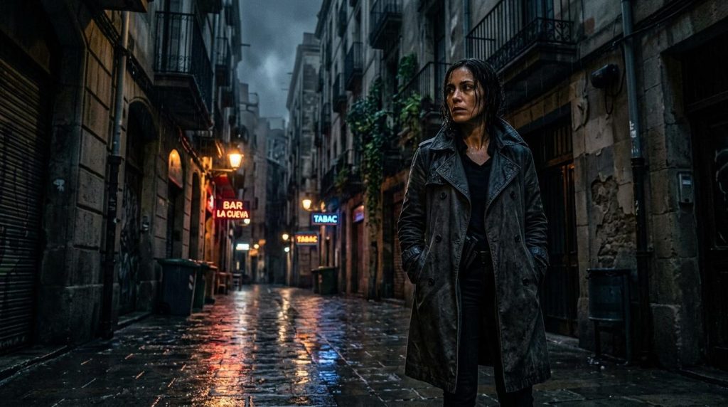 Vrouw staat alleen in verlichte nachtstraat met neonborden