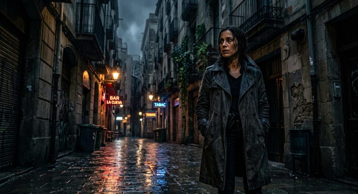 Vrouw staat alleen in verlichte nachtstraat met neonborden