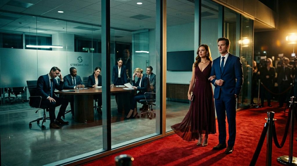 Elegant geklede paar op rode loper voor glaswand kantoor