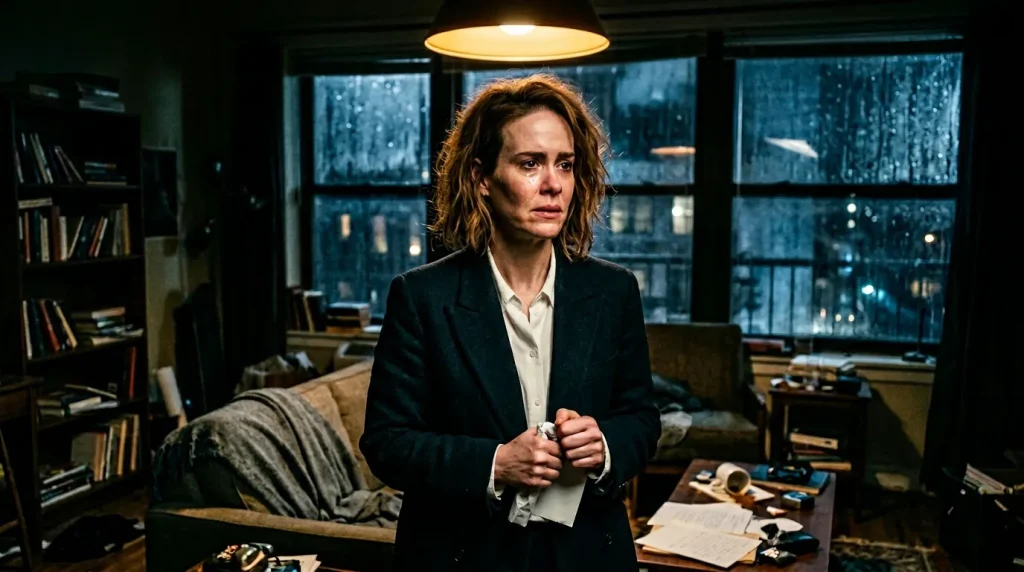 Professionele vrouw in pak staand in hoogtegebouw kantoor