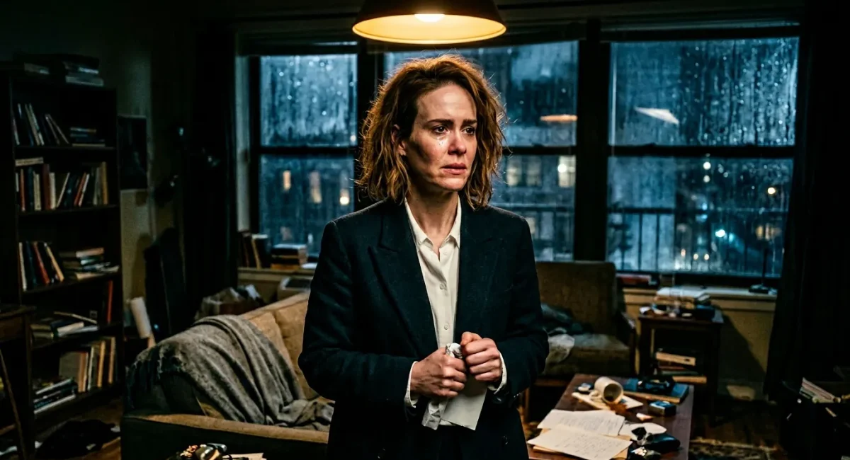 Professionele vrouw in pak staand in hoogtegebouw kantoor