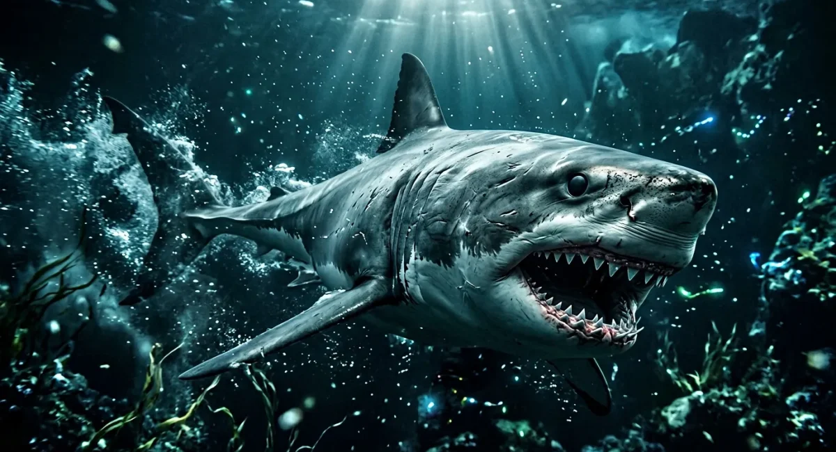 Gruwelijke haai zwemt door donker oceaanwater met glinsterende deeltjes.