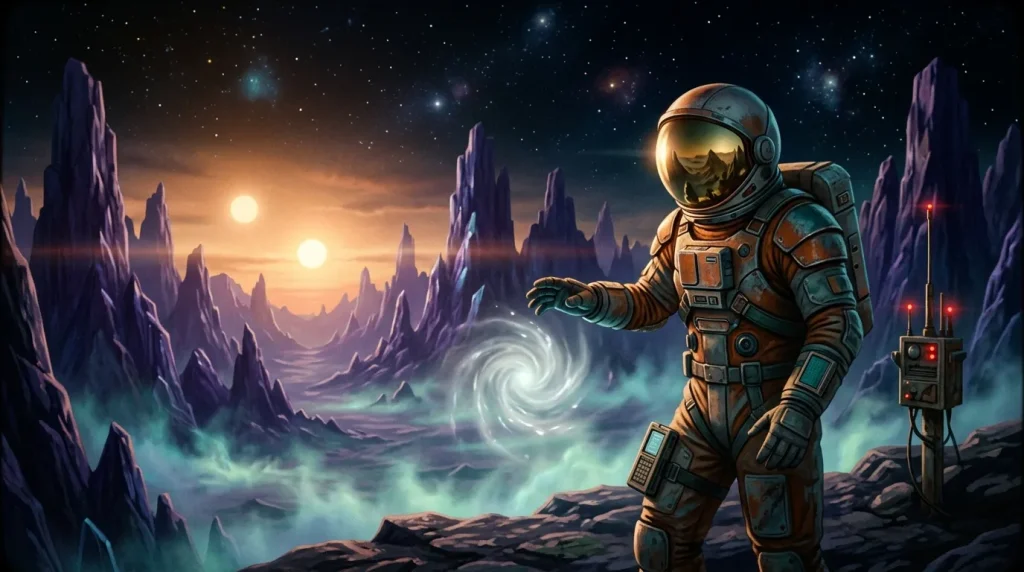 Astronaut in ruimtepak op buitenaardse planeet met twee zonnen