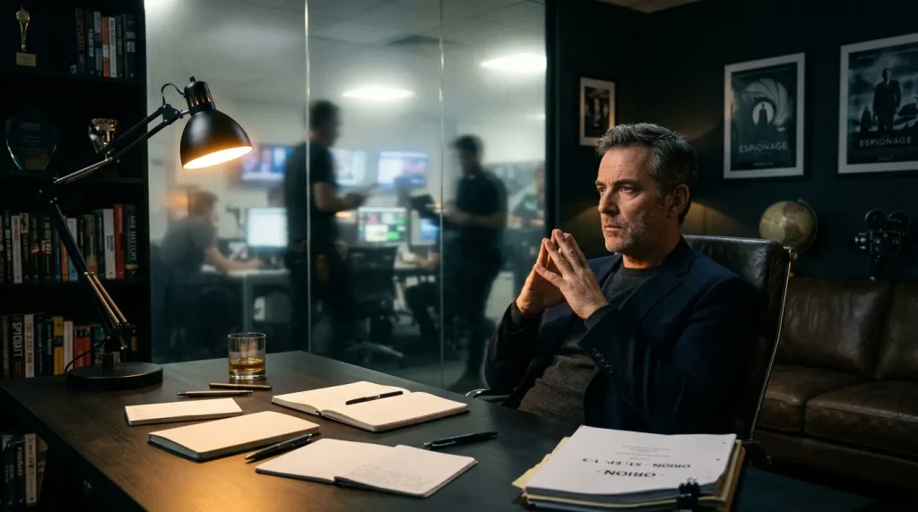 Man in donker pak denkt aan bureau met documenten