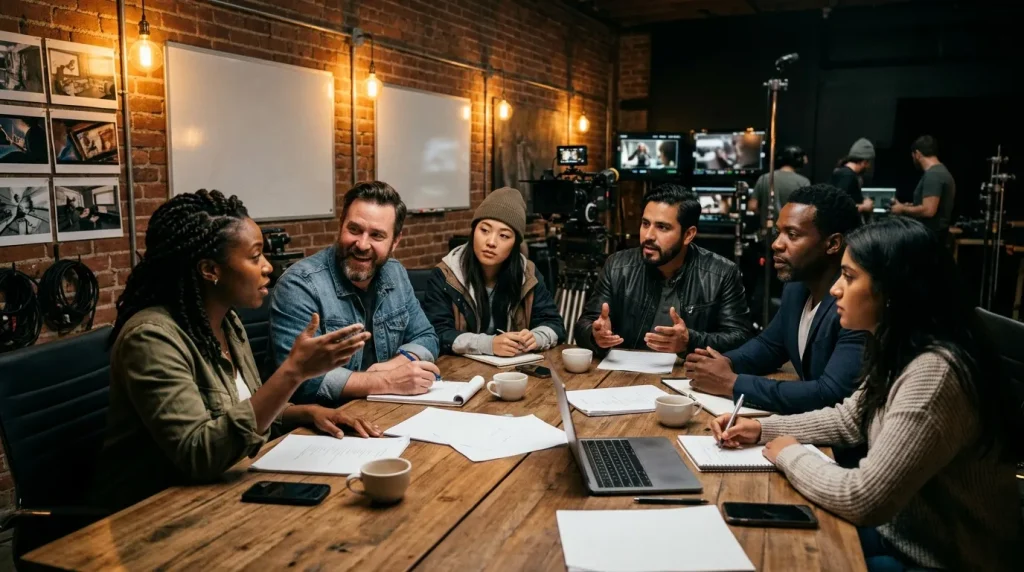 Diverse teamleden bespreken project aan houten tafel in productieruimte.